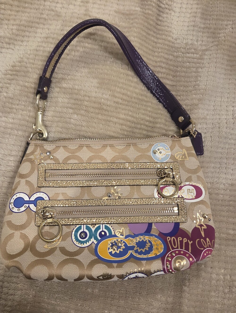 Coach Y2k Poppy Signature Canvas Bag  in Beige and Purple